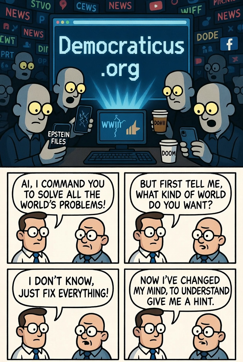 Dilbert-style comic: Humans demanding AI fix everything without explaining what the problems are