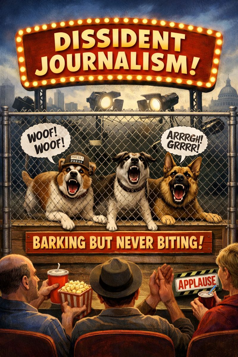Dissident journalists portrayed as barking dogs on a stage, loud but harmless, entertaining the audience without ever biting the system.