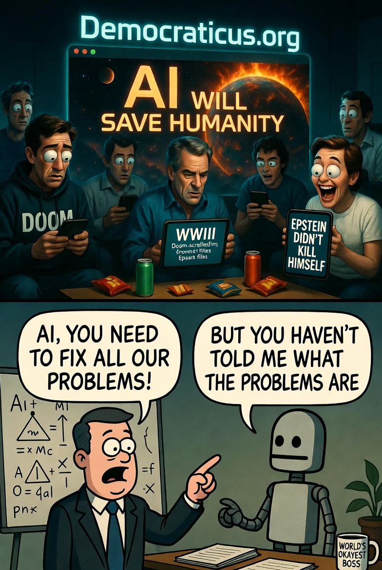 Humanity's brain split: one side blooming with AI's gift of freedom, the other withered under distractions like Epstein files and WWIII memes