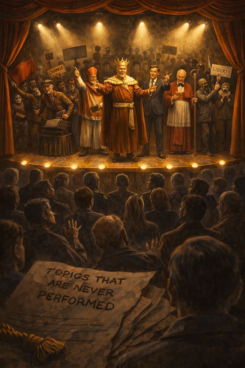 A dimly lit theater stage with spotlights on various performers